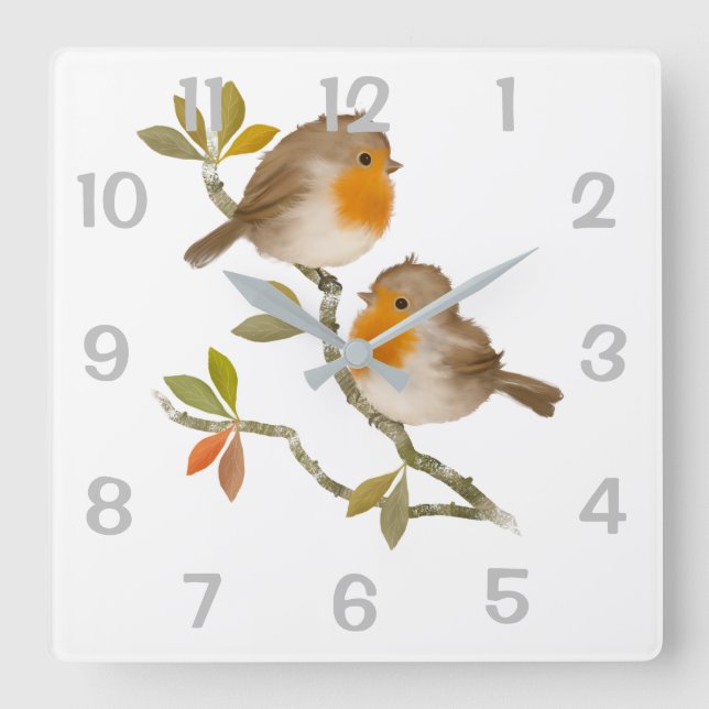 Robin Redbröds Birds Wall Clock Fyrkantig Klocka (Framsida)