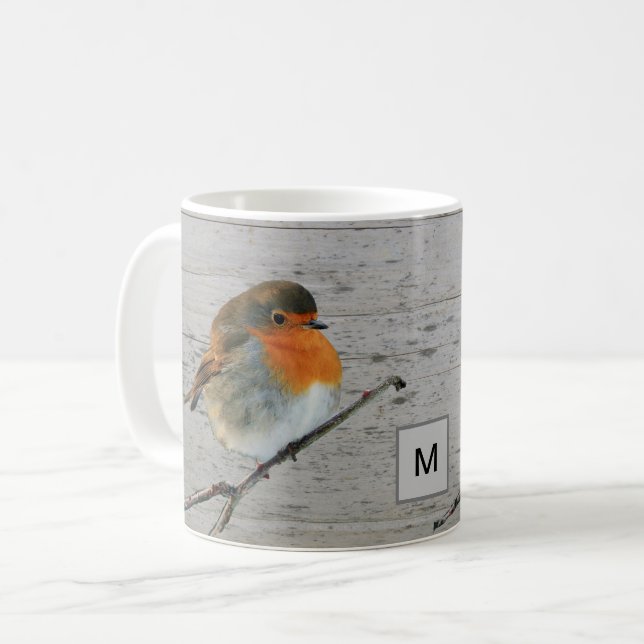 Robin rödbröst från fåglar på trämonogrammet kaffemugg (Framsida vänster)