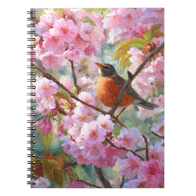 Robin Singing Cherry Blommar Vår Art Anteckningsbok (Framsidan)