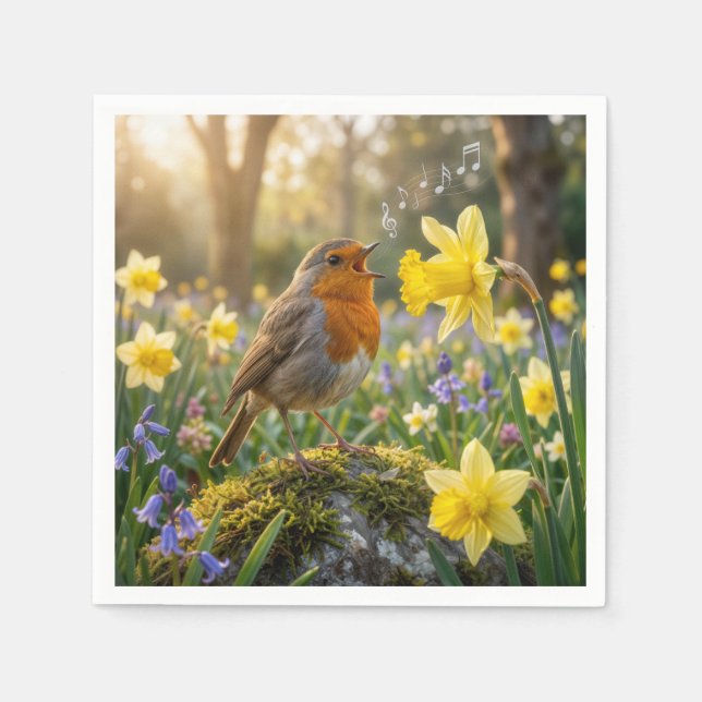 Robin Singing Into a Daffodil Pappersservett (Framsidan)