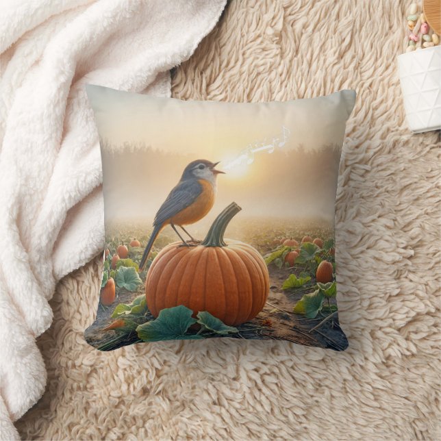Robin Singing On a Pumpkin Kudde (Filt)