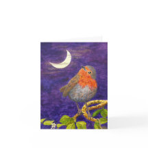 Robin som funderar över Måne-julkortet