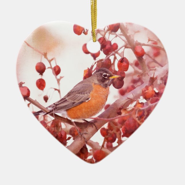 Robin With Red Berries Ceramic Ornament (Framsidan)
