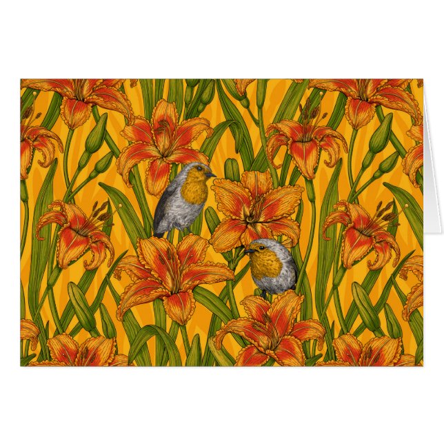 Robiner och liljeblommor, orange och grönt hälsningskort (Framsidan Horizontal)