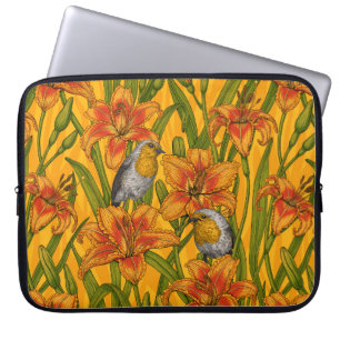 Robiner och liljeblommor, orange och grönt laptop fodral
