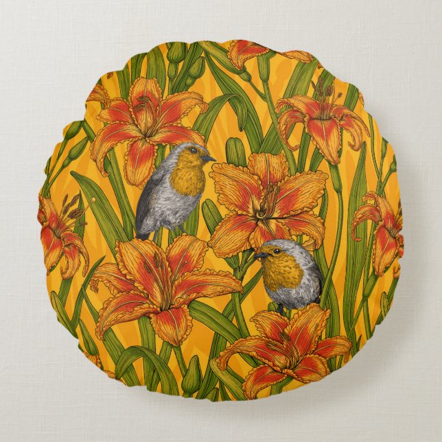 Robiner och liljeblommor, orange och grönt rund kudde (Framsidan)