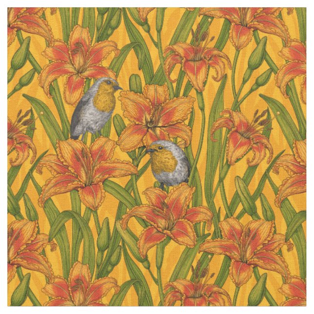 Robiner och liljeblommor, orange och grönt tyg (Närbild)