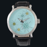 Robin's Egg Blue Atomic Starbursts eWatch Armbandsur<br><div class="desc">Denna Robin's Egg Blue Iconic Atomic Starbursts eWatch mönster har ikoniska atomstjärnor. Det är höger! Bakgrunden till den blåa färgaden i old school med guld-späckar är perfektens bakgrund för den pulserande turkosen, kökssleriet och färgaden för päronpäron i grönten. Sportarna i färg placeras sporadiskt i olika storlekar med överliggande V-formad linjer...</div>