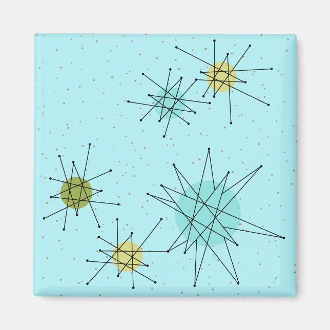 Robin's Egg Blue Atomic Starbursts Square Magnet (Framsidan)