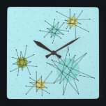 Robin's Egg Blue Atomic Starbursts Wall Clock Fyrkantig Klocka<br><div class="desc">Robin's Egg Blue Iconic Atomic Starbursts Square Acrylic Wall Wall Clock mönster har iconic atomic starbursts. Det är höger! Bakgrunden till den blåa färgaden i old school med guld-späckar är perfektens bakgrund för den pulserande turkosen, kökssleriet och färgaden för päronpäron i grönten. Sportarna i färg placeras sporadiskt i olika storlekar...</div>