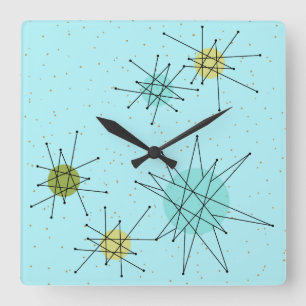Robin's Egg Blue Atomic Starbursts Wall Clock Fyrkantig Klocka
