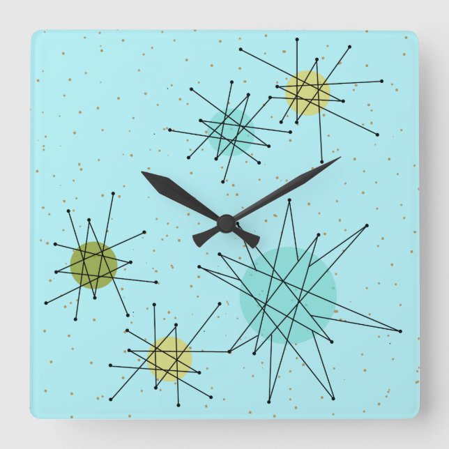 Robin's Egg Blue Atomic Starbursts Wall Clock Fyrkantig Klocka (Framsida)