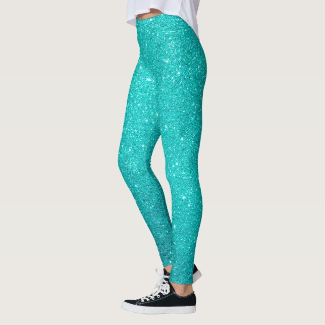 Robin's Egg Blue Cyan Teal Ombre Glitter Leggings (Vänster)