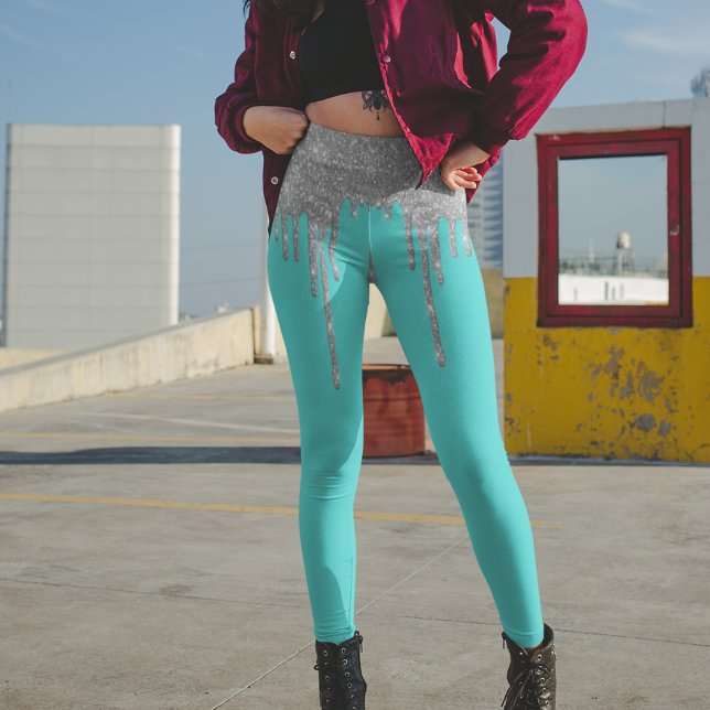Robin's Egg Blue Cyan Teal Silver Glitter Leggings (Skapare uppladdad)