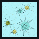 Robin's Egg Blue Iconic Atomic Starbursts Poster<br><div class="desc">Denna Robin's Egg Blue Iconic Atomic Starbursts Poster mönster med ikoniska atomstjärnor. Det är höger! Bakgrunden till den blåa färgaden i old school med guld-späckar är perfektens bakgrund för den pulserande turkosen, kökssleriet och färgaden för päronpäron i grönten. Sportarna i färg placeras sporadiskt i olika storlekar med överliggande V-formad linjer...</div>