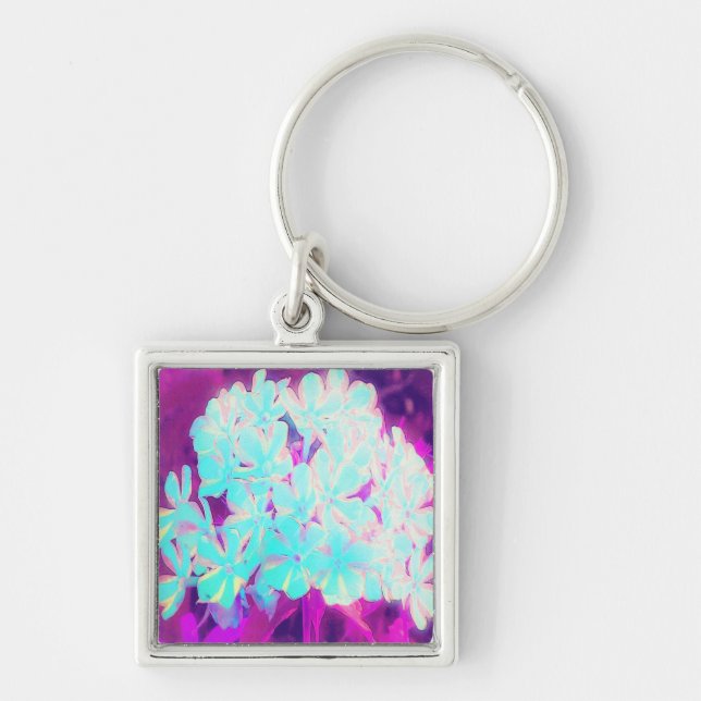 Robin's Egg Blue Peppermint Twist Phlox Flowers Fyrkantig Silverfärgad Nyckelring (Framsidan)