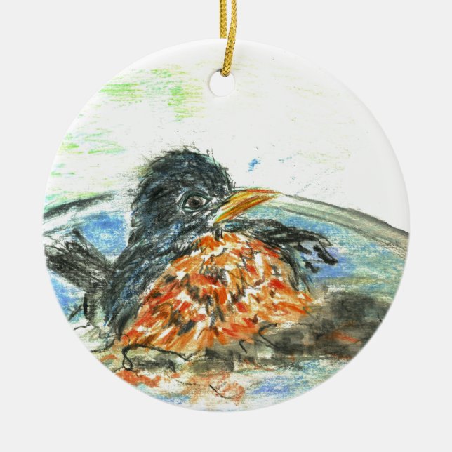 Robins fågelbad julgransprydnad keramik (Framsidan)