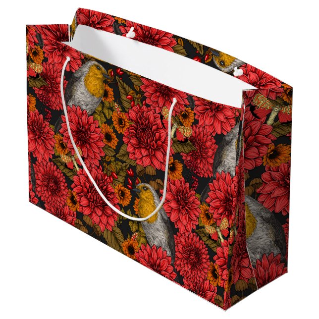 Robins i höstträdgården, röda dahlias på svart (Baksidan Vinklad)