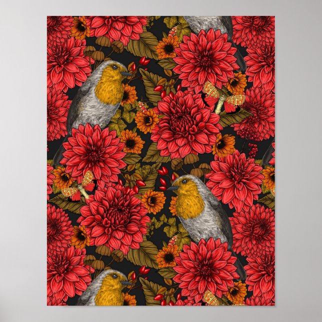 Robins i höstträdgården, röda dahlias på svart poster (Framsidan)
