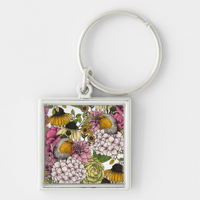 Robins i trädgården fyrkantig silverfärgad nyckelring (Framsidan)