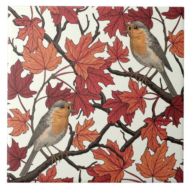 Robins in maple tree on off white kakelplatta (Framsidan)