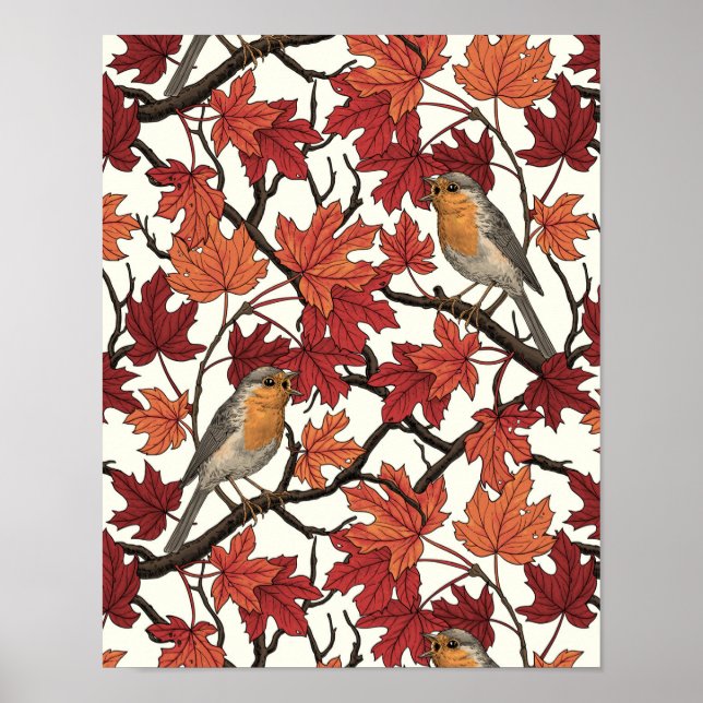 Robins in maple tree on off white poster (Framsidan)