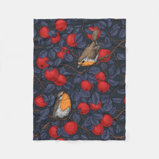 Robins in the apple tree/blue and red  fleecefilt (Framsidan)