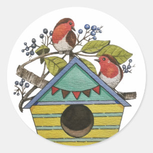 Robins med blåbär och fågel runt klistermärke