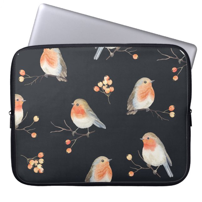 Robins, rowbär, vintervattenfärg mönster. laptop fodral (Framsidan)