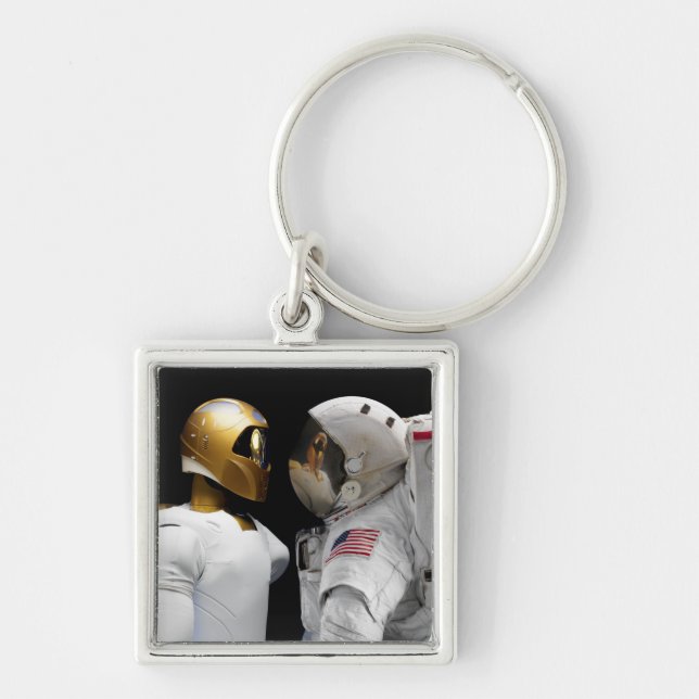 Robonaut 2, en dexterös, human astronaut hel 3 fyrkantig silverfärgad nyckelring (Framsidan)