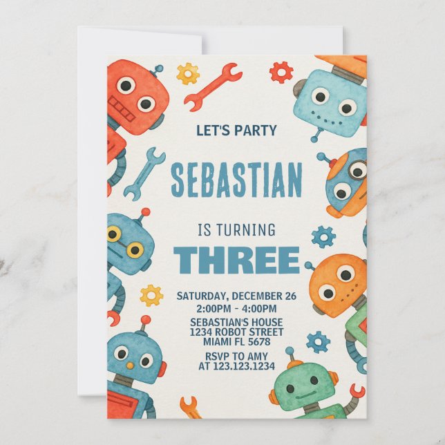 Robot 3:e födelsedagsinbjudan inbjudningar (Framsida)