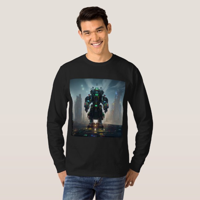 Robot 4 manar svart långärmad T-shirt (Hel framsida)