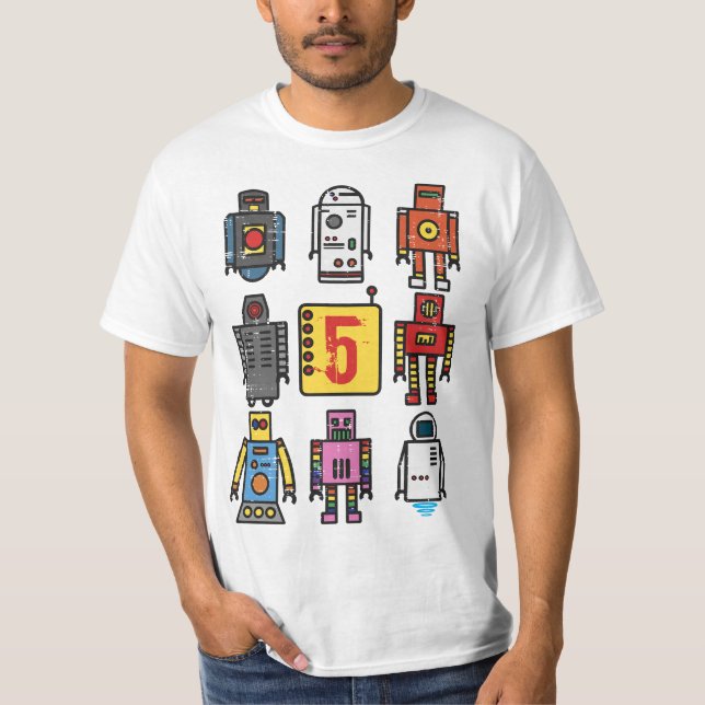 Robot 5th Birthday - Retro Robotics with number fi T Shirt (Framsida)