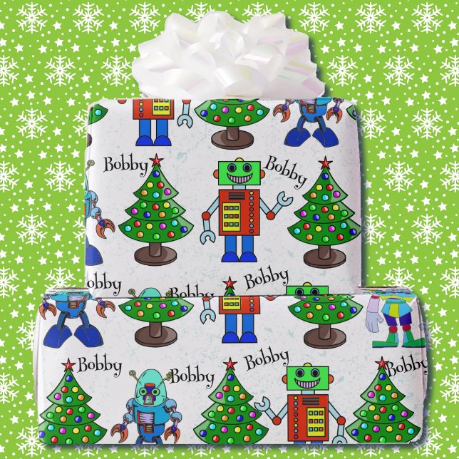 Robot Add Boy's Namn Cute Julroll Presentpapper (Skapare uppladdad)