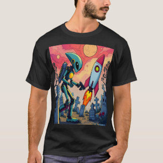 Robot and Rocket in Futuristic Cemetery T Shirt
