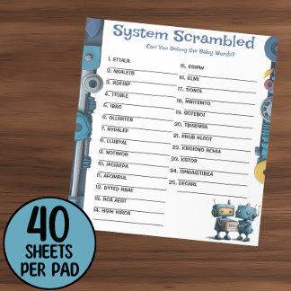 Robot Baby Shower Ord Scramble Activity Pad Anteckningsblock