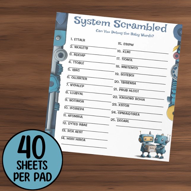 Robot Baby Shower Ord Scramble Activity Pad Anteckningsblock (Skapare uppladdad)