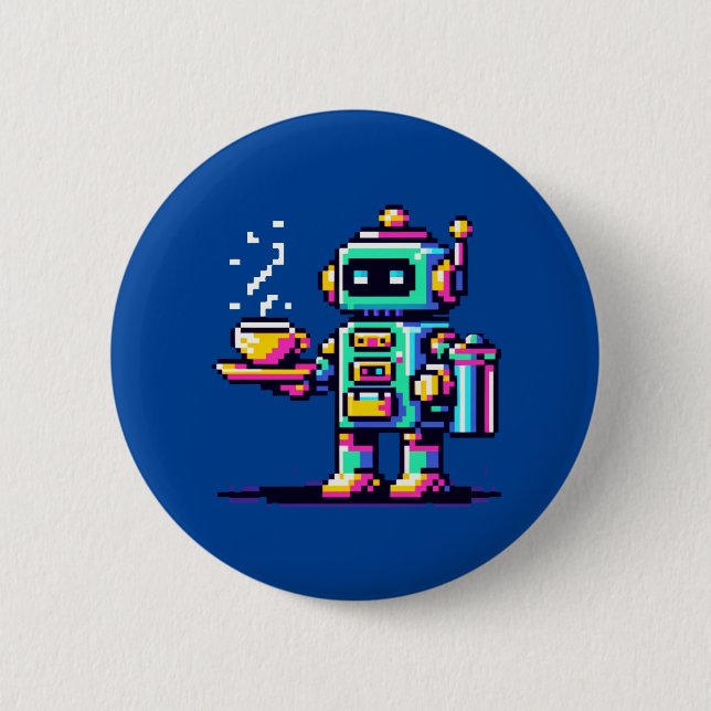 Robot Barista - Pixel Art Coffee Älskare Design Knapp (Framsida)
