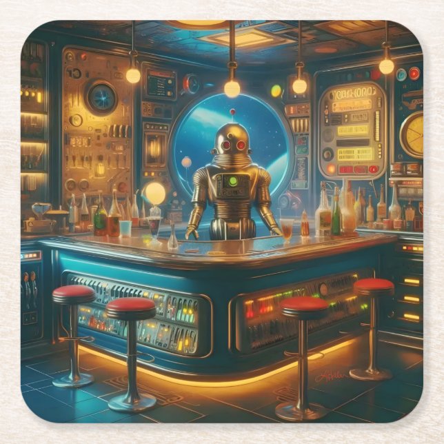 Robot Bartender i Interstellärt Rymdålderns Dykbar Underlägg Papper Kvadrat (Framsidan)