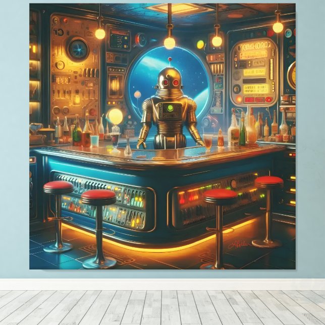 Robot Bartender in Interstellar Space Age Dive Bar Canvastryck (Insitu (trägolv))