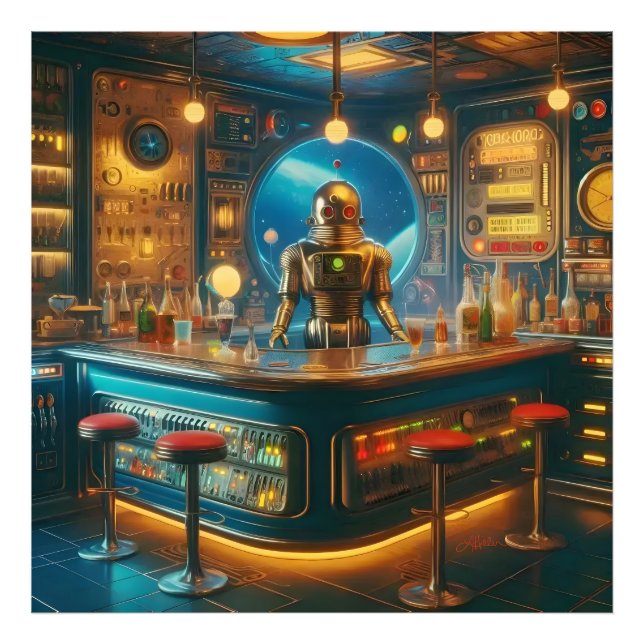 Robot Bartender in Interstellar Space Age Dive Bar Fototryck (Framsidan)