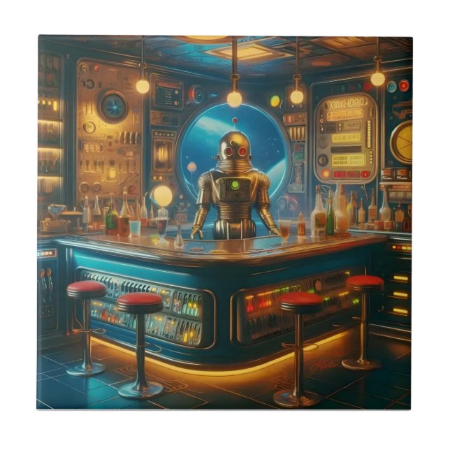 Robot Bartender in Interstellar Space Age Dive Bar Kakelplatta (Framsidan)