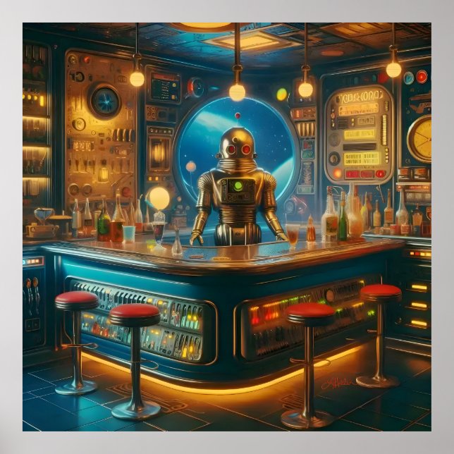 Robot Bartender in Interstellar Space Age Dive Bar Poster (Framsidan)