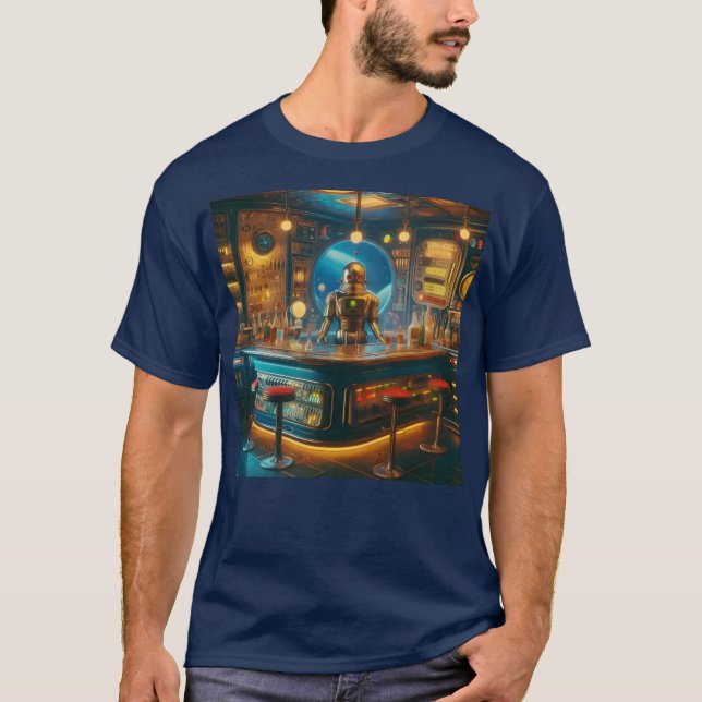 Robot Bartender in Interstellar Space Age Dive Bar T Shirt (Framsida)