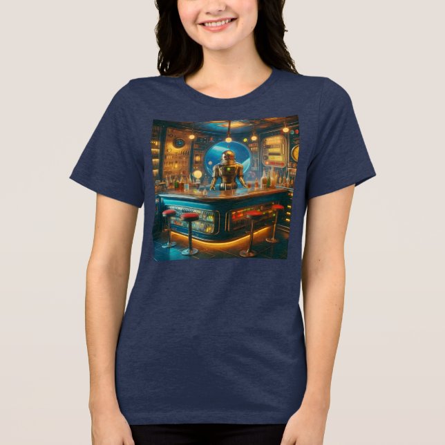 Robot Bartender in Interstellar Space Age Dive Bar T Shirt (Framsida)