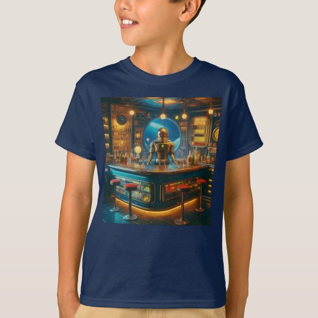 Robot Bartender in Interstellar Space Age Dive Bar T Shirt (Framsida)