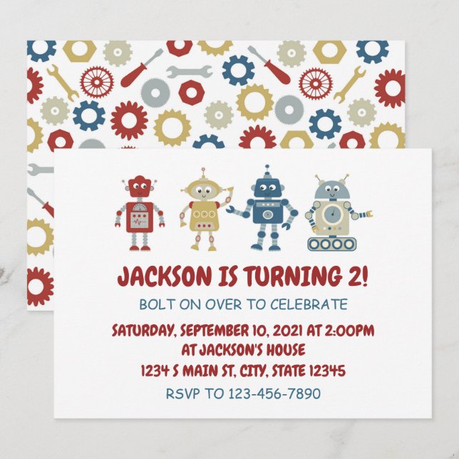 Robot Birthday Inbjudningar (Fram/baksida)