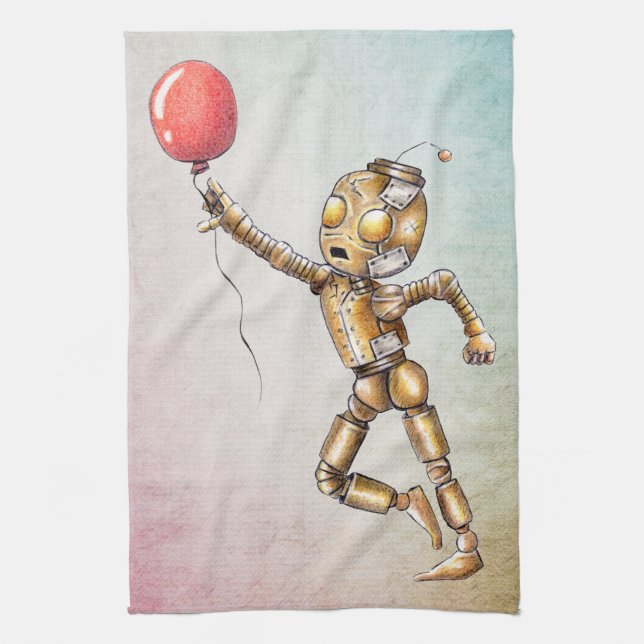Robot Chasing A Red Balloon Kitchen Towel Kökshandduk (Vertikal)