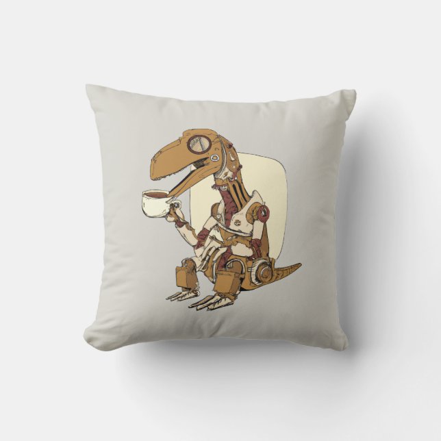 Robot Dinosaur Drinking Coffee Kudde (Framsida)