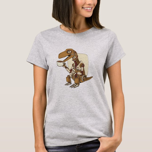 Robot Dinosaur Drinking Coffee  T-Shirt (Framsida)
